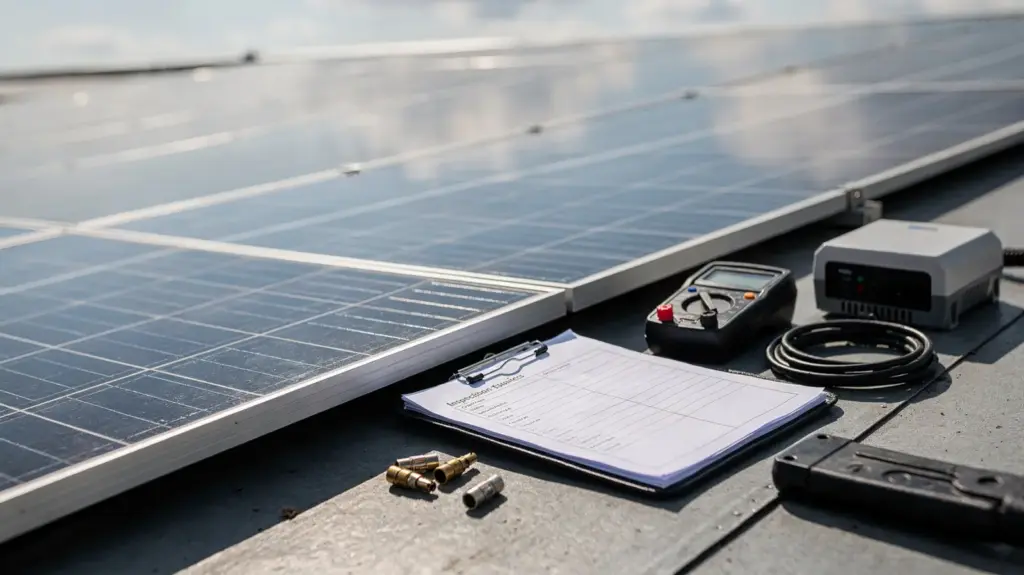 Photovoltaikanlage auf dem Dach mit Checkliste, Multimeter und Wechselrichter vor dem Kauf.