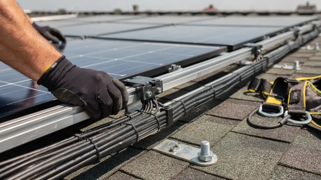 PV-Montagefehler: Welche Fehler passieren bei der Montage am häufigsten? PV-Montagefehler: Monteur richtet Montageschienen und Solarmodule auf einem Hausdach aus.