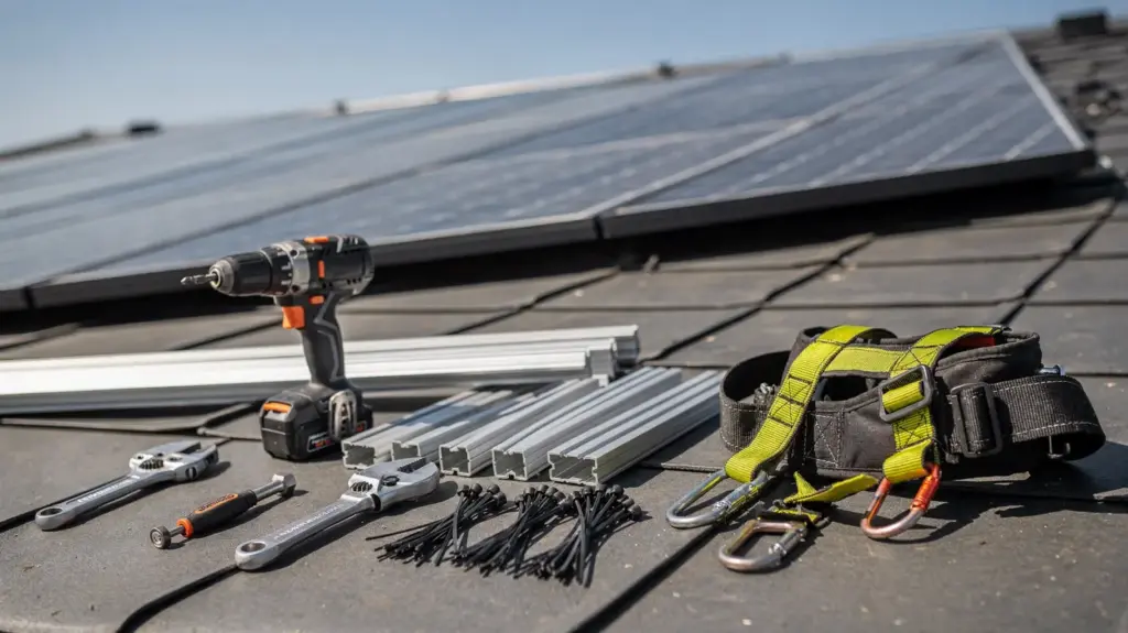 Solaranlage Montage Erfahrungen: Werkzeuge, Ablauf und typische Hürden Werkzeuge und Montagezubehör für eine Solaranlage auf einem Dach