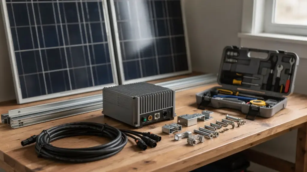 PV DIY Set Erfahrungen: Wie gut sind DIY-Sets für Anfänger? PV DIY Set für Anfänger mit Solarmodulen, Wechselrichter und Montagematerial auf einer Werkbank