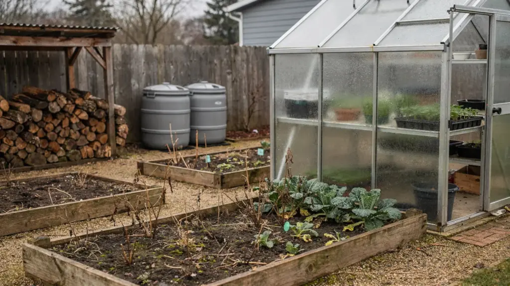 Autarkie im Winter: Welche Faktoren die Selbstversorgung senken Winterlicher Garten mit leereren Beeten, Gewächshaus und Vorräten als Symbol für sinkende Selbstversorgung im Winter
