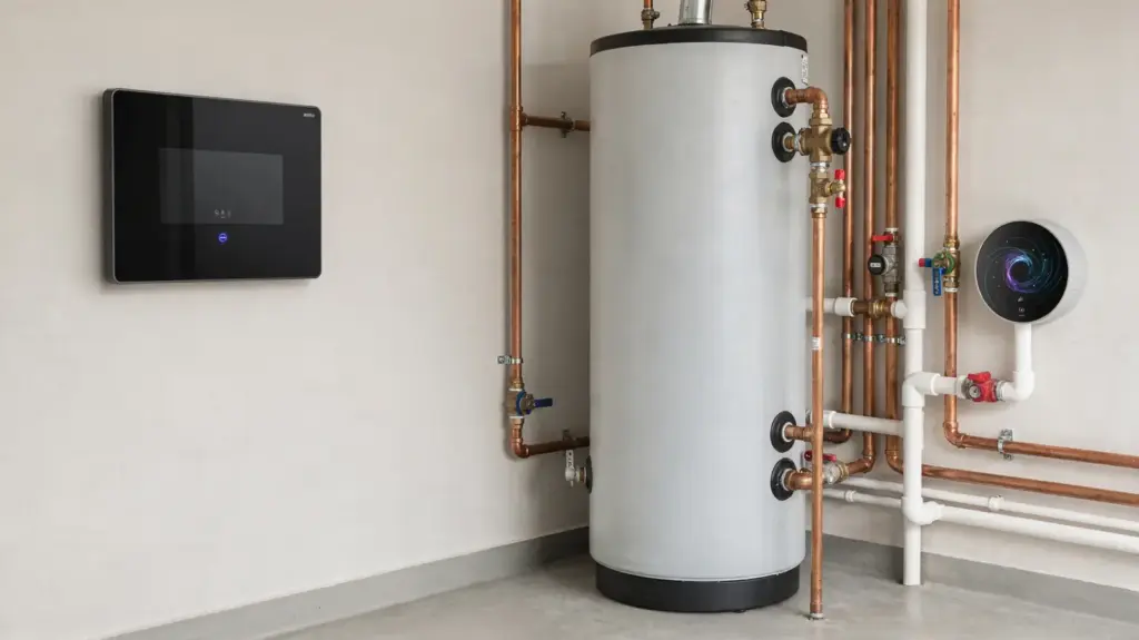 HEMS Warmwasser: So steuert ein Home Energy Management System die Warmwasserbereitung zeitlich Home Energy Management System zur zeitlichen Steuerung der Warmwasserbereitung im Technikraum