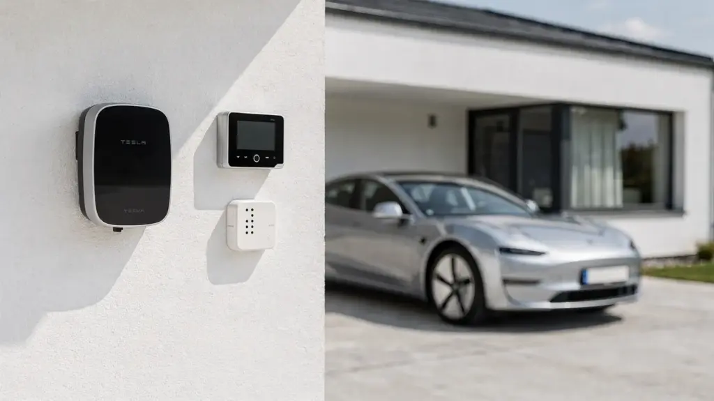E-Auto laden mit Tarif: So funktioniert Lastverschiebung mit HEMS und Wallbox Wallbox, Smart Meter und E-Auto im Carport zum Thema E-Auto laden mit Tarif und Lastverschiebung