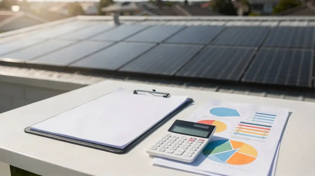 PV-Förderung regional: Welche Zuschüsse und Kredite vor Ort gelten PV-Förderung regional: Solaranlage auf Hausdach mit Formularen, Rechner und Unterlagen