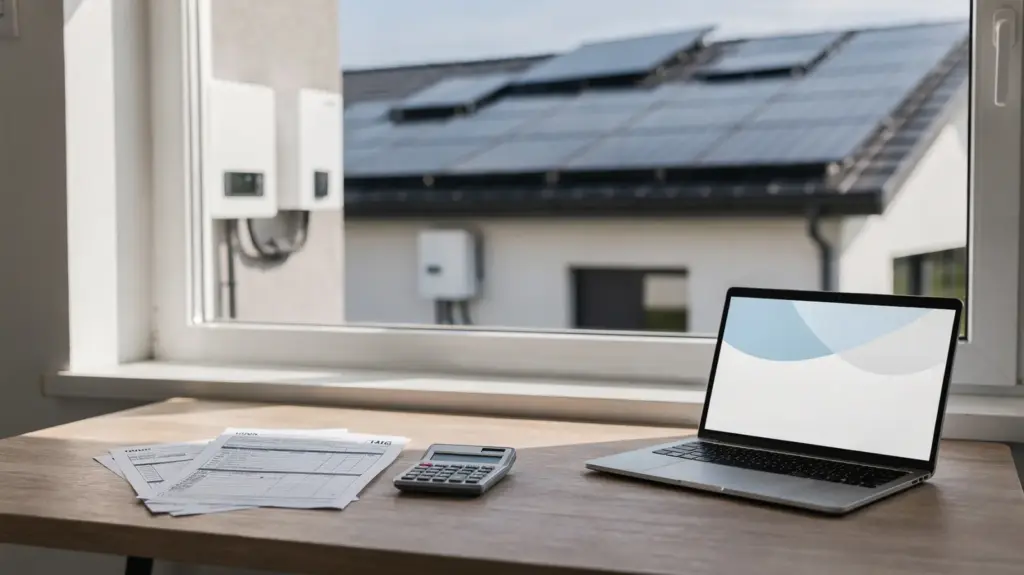Solaranlage: Welche steuerlichen Vorteile es gibt Solaranlage auf Hausdach mit Unterlagen und Taschenrechner zu steuerlichen Vorteilen