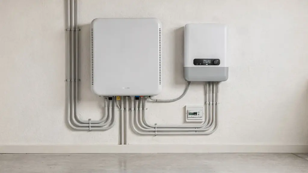 Heimspeicher-Technologien: Welche Entwicklungen, Vorteile und Grenzen wichtig sind Heimspeicher-Technologien mit Batteriemodul und Wechselrichter in einem Hauswirtschaftsraum