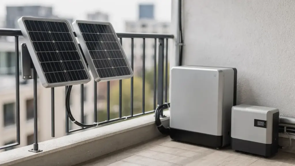 Balkonkraftwerk mit Speicher: So funktioniert Mini-PV mit Batteriespeicher Balkonkraftwerk mit Speicher auf einem Balkon mit Solarpanels, Wechselrichter und Batteriespeicher