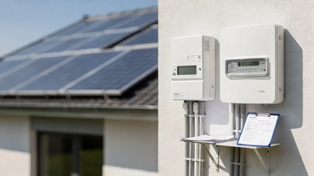 Einspeisevergütung steuer: Welche Einkommensteuer-Regeln gelten? Dach-Solaranlage mit Wechselrichter und Stromzähler zum Thema Einspeisevergütung und Steuer