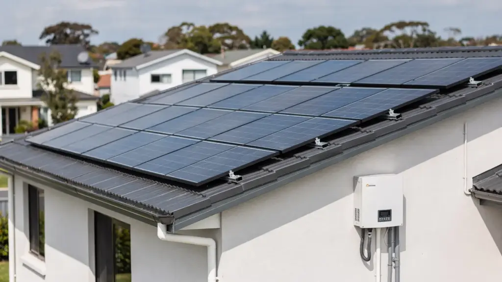 Solartechnik für das Hausdach: Welche Anlage passt und worauf kommt es an? Solartechnik für das Hausdach: Photovoltaik-Anlage auf einem Wohnhausdach mit Wechselrichter