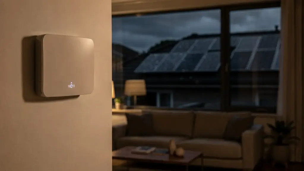 Stromausfall mit Solar: Erfahrungen, Dauer und Grenzen im Alltag Solarstrom-Anlage mit Batteriespeicher in einem Wohnraum beim Stromausfall