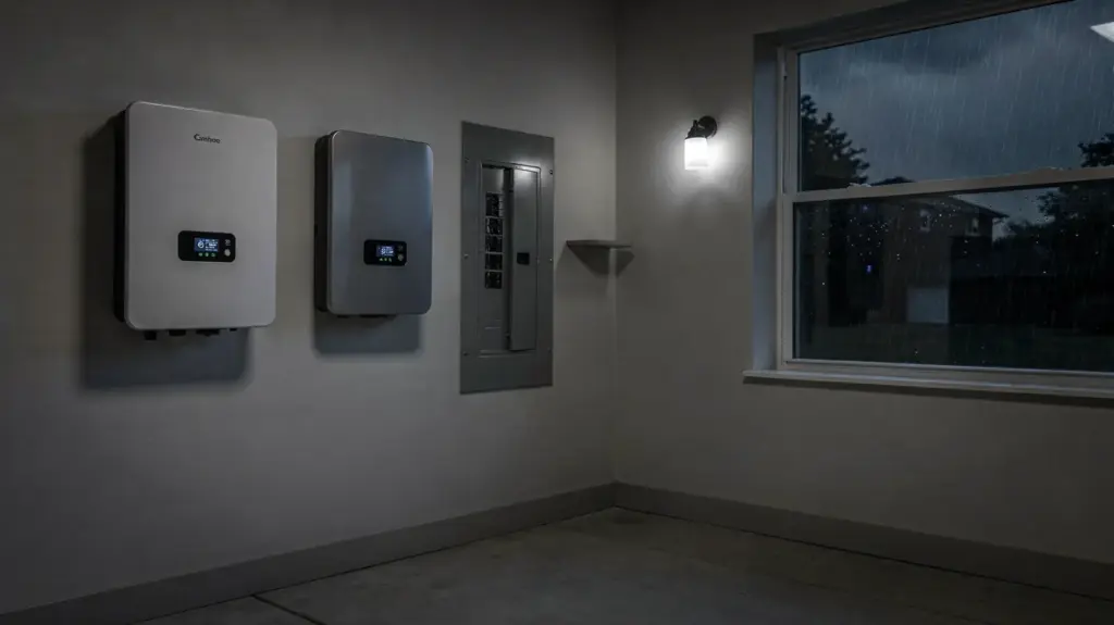 Notstrom bei Stromausfall: So funktioniert die Versorgung bei Ausfall und schlechtem Wetter Notstrom bei Stromausfall: Hausbatterie, Wechselrichter und Sicherungskasten in einem Technikraum