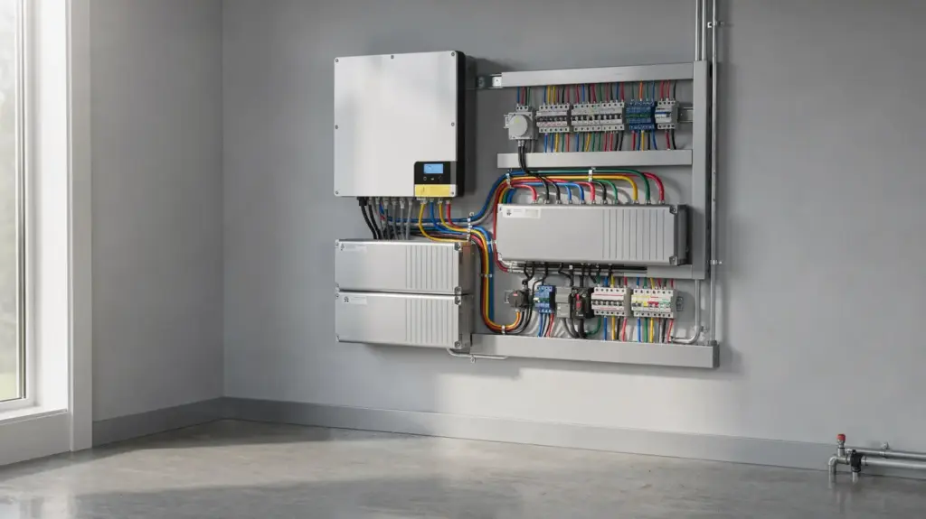 Stromspeicher mit Notstrom in einem Hauswirtschaftsraum mit Wechselrichter und Batteriespeicher