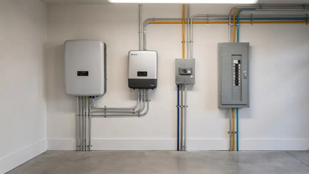 Backup-Stromanlage im Haus mit Batteriespeicher, Wechselrichter und Schaltschrank für Ersatzstrom