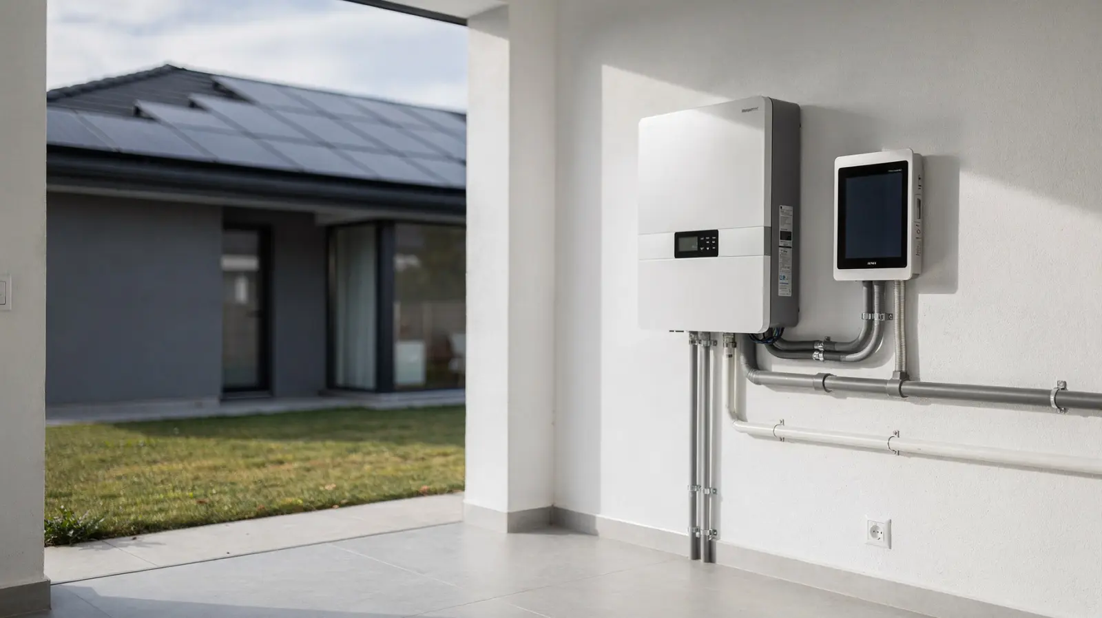 Home Energy Management System zur besseren Nutzung von PV-Strom mit Solarmodulen, Speicher und Steuerdisplay