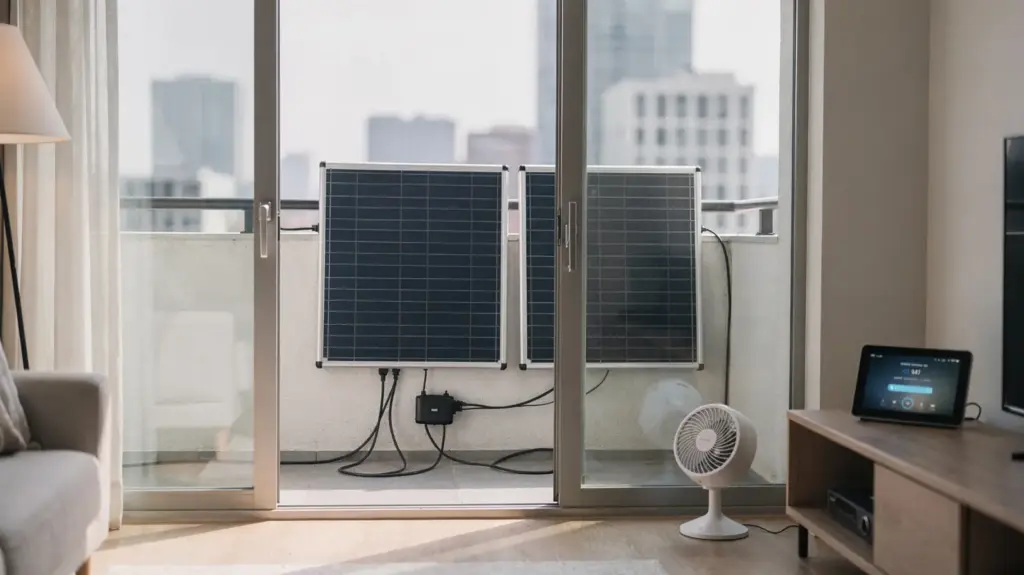 Balkonkraftwerk steuern: So nutzen Sie Solarstrom im Haushalt gezielt Balkonkraftwerk mit Solarmodulen und Energiemonitor für gezielte Solarstromnutzung im Haushalt
