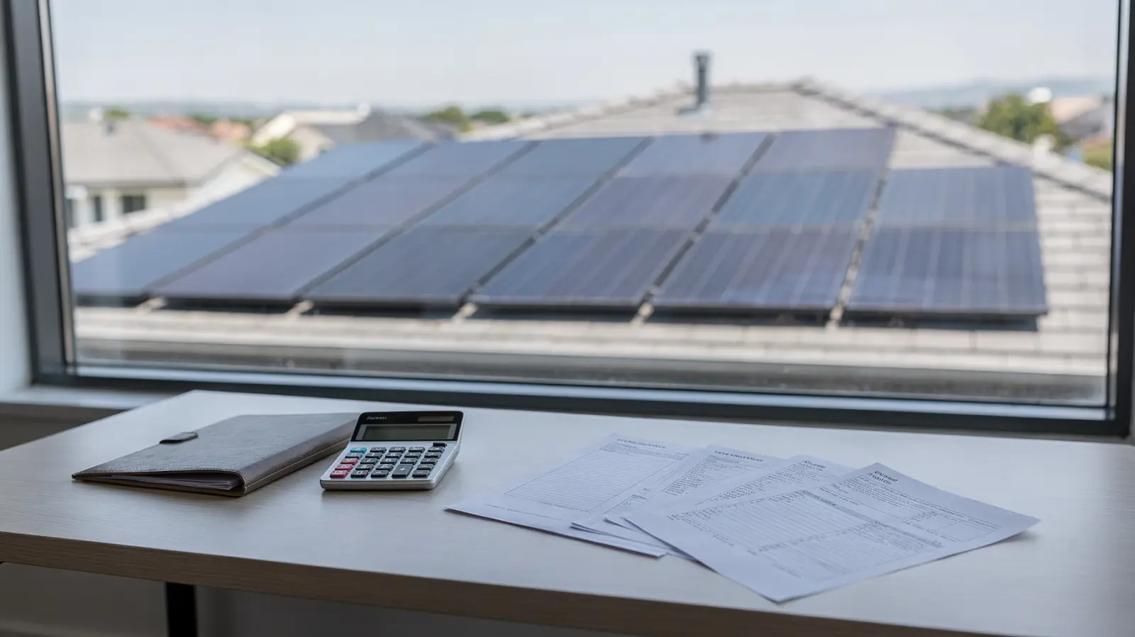 Solaranlage auf Hausdach mit Steuerunterlagen und Taschenrechner zum Thema Solaranlage steuer absetzen