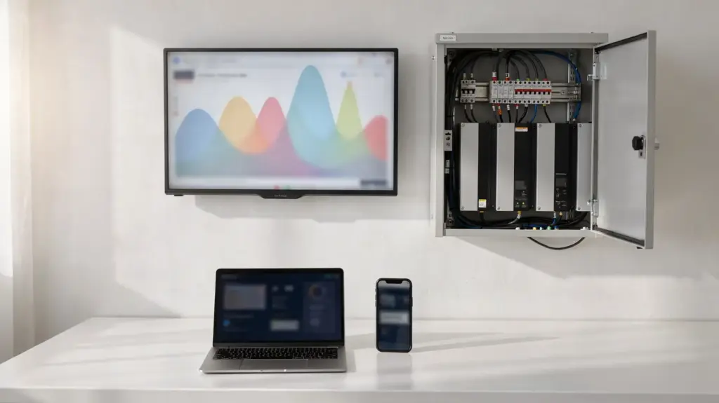 Solaranlage Monitoring: Ertrag, Leistung und Störungen richtig überwachen Solaranlage-Monitoring mit Display, Laptop und Wechselrichter zur Überwachung von Ertrag und Leistung