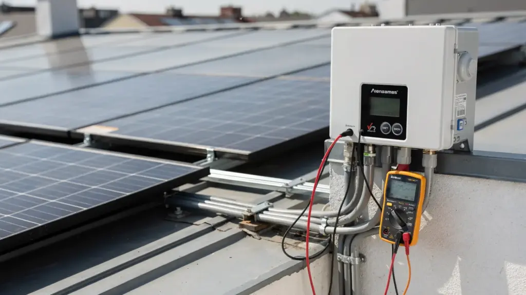 Photovoltaik-Leistungsabfall erkennen: Symptome, Ursachen und Prüfung Photovoltaikanlage mit Multimeter und Wechselrichter zur Prüfung von Leistungsabfall
