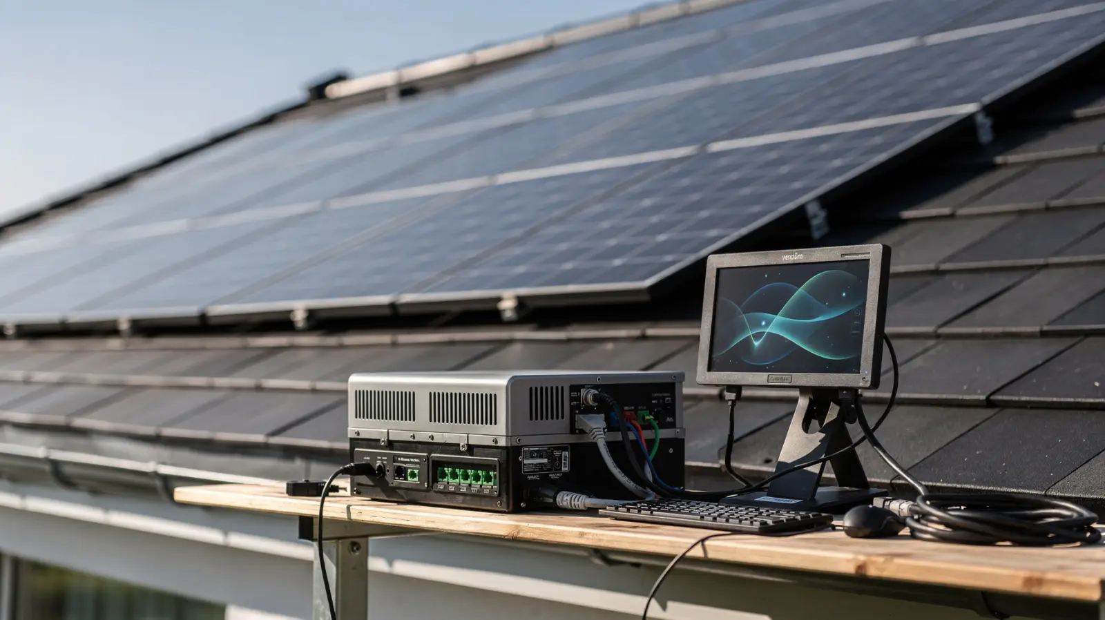 Solaranlage auf einem Hausdach mit Wechselrichter und Monitoring für Erfahrungsberichte zu Solaranlage-Kosten