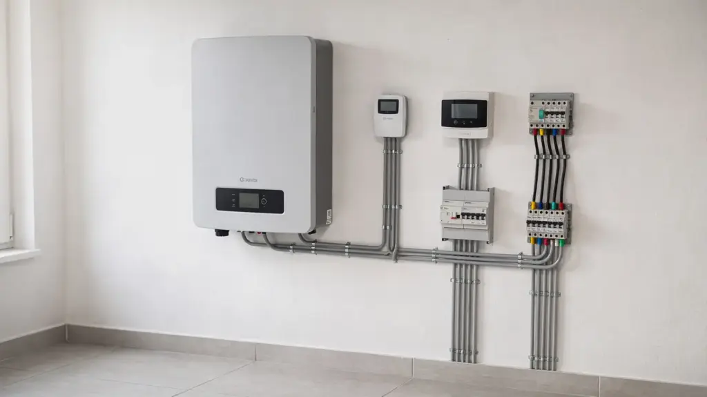 Stromspeicher laufende Kosten: Welche Kosten entstehen im Betrieb? Stromspeicher im Hausanschlussraum mit Wechselrichter und Smart Meter für laufende Kosten im Betrieb