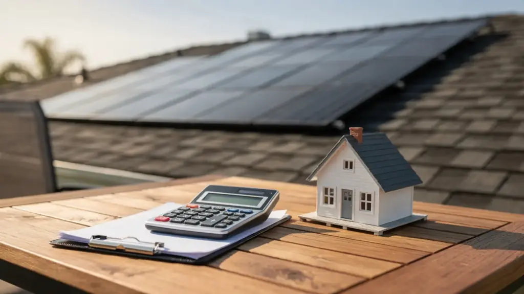 Solaranlage finanzieren: Welche Möglichkeiten es gibt und worauf Sie achten sollten Solaranlage finanzieren: Solarmodule auf dem Dach mit Taschenrechner und Hausmodell