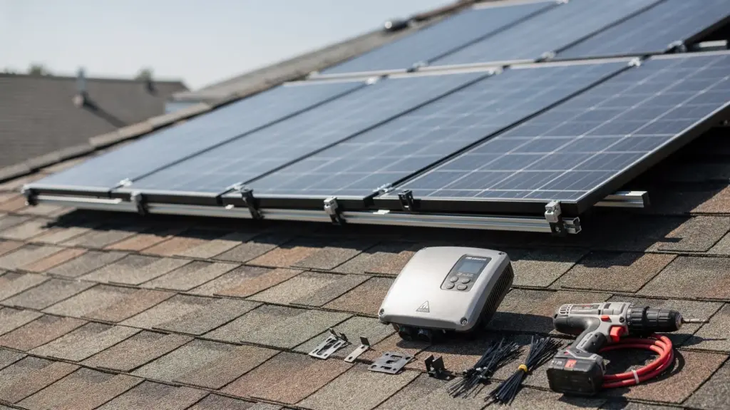 Budget-Solaranlage: So planen Sie eine PV-Anlage mit niedrigen Anschaffungskosten Budget-Solaranlage auf dem Dach mit PV-Modulen, Wechselrichter und Montageschienen zur Planung niedriger Anschaffungskosten