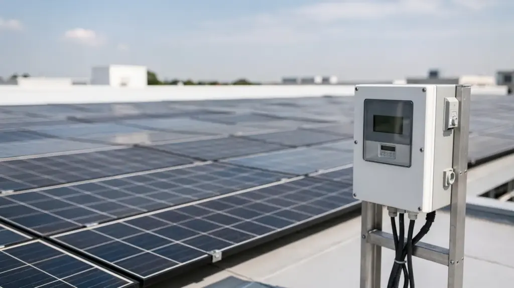 Photovoltaikanlage auf einem Dach mit Stromzähler zum Thema Einspeisevergütung aktuell