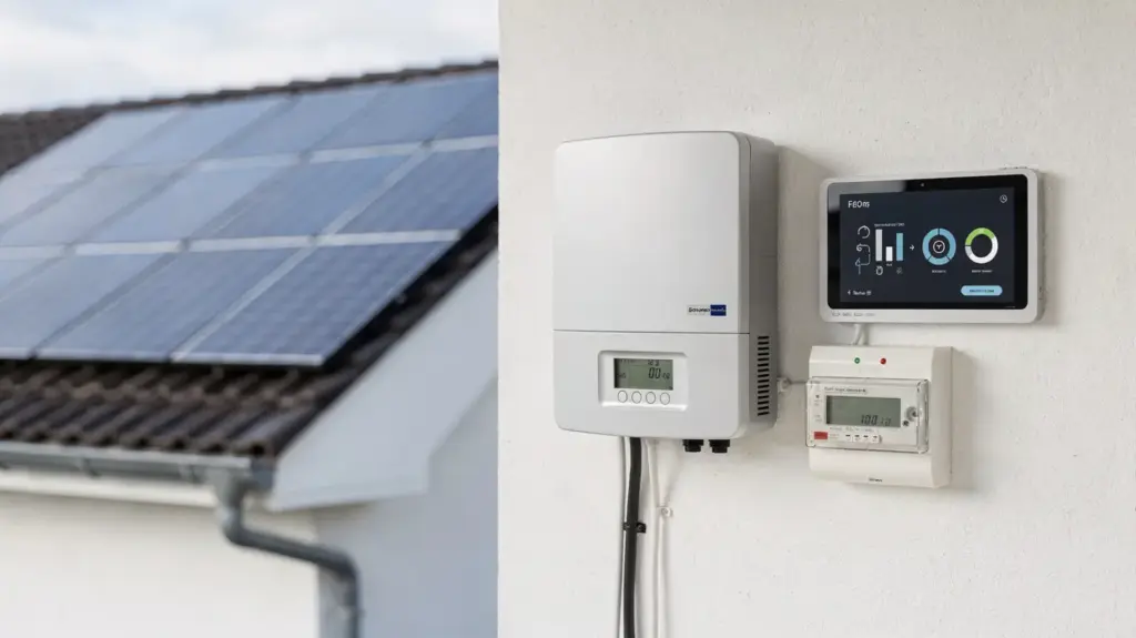 Eigenverbrauch und Solar-Wirtschaftlichkeit: Wann sich mehr Selbstnutzung lohnt Eigenverbrauch und Solar-Wirtschaftlichkeit: Solaranlage am Haus mit Stromzähler und Energiemonitor